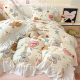 French Princess Lace Ruffles Bedding Set Washed Cotton Skin-friendly Duvet Cover Set with Sheet Soft Printed Flowers Quilt Cover