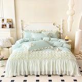 3Pcs Pink Skin-friendly Soft Three-dimensional Flowers Embroidery Lace Ruffles Princess Bedding Set Duvet Cover With Pillowcases