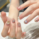 10Pcs Handmade Press On Nails Full Cover Flower Cat Eye French Short Ballerina Cute False Nails Wearable Manicure Nail Tips Art
