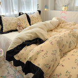 Floral print Korean style Princess Lace Bedding Set Duvet Cover Set Washed Cotton Flat Sheet set Queen For Girl Decor Home