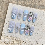 10pcs White Grey False Nail Tips Y2k Style Handmade Press On Nails With Metal Butterfly Flower Diamond Designs Glossy Fake Nails