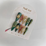 Luxury Green Gold Press On Nails Vintage Style With Metallic Edging Pearl Decor Long Lasting Fake Nails For Women Girls