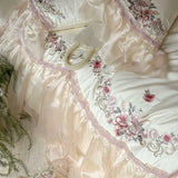 Premium Egyptian Cotton Luxury Wedding Bedding Set Flowers Embroidery Organza Lace Ruffles Duvet Cover Set Bed Sheet Pillowcases