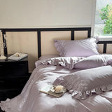Flowers Embroidery Ruffles Purple Luxury Bedding Set 1000TC Egyptian Cotton Duvet Cover Flat/Fitted Bed Sheet Pillowcases 4Pcs