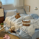 INS Style Blue Stripes Ruffles Patchwork Bedding Set Single Queen Size 100% Cotton Duvet Cover Flat/Fitted Bed Sheet Pillowcases