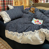 French Double-Layer Yarn Printing Bedding Set Comfort Colorfast Comforter Sets with Lace Retro Floral Skin-Friendly Bed Linens