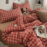 Vintage Double Sided Red Plaid Bedding Set Skin-Friendly Soft Duvet Cover Set with Bed Sheet and Pillowcases for Single Double