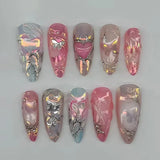 24pcs Flower Butterfly Design False Nails Art Summer Sweet Colorful Smudge Almond Full Cover Nail Rhinestone Press on Fake Nails