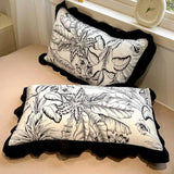 Korean Black White Hepburn Style Bedding Sets Ultra Soft Breathable Duvet Cover Set with Black Lace Fitted Sheet Set for Adults