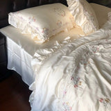 800TC Lyocell Bamboo Fiber Soft Silky Bedding Set Rose Floral Embroidery Lace Ruffles Duvet Cover Flat/Fitted Sheet Pillowcases