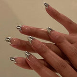 24Pcs Mid-length French Fake Nail with Silver Edge Design Round Head Almond False Nail Wearable Simple Finished Press on Nails