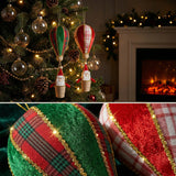 Christmas Tree Ornaments, Flocked Hot Air Balloon Santa Figurine, Gold-Trimmed Linen Basket, European and American Style
