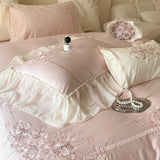 4Pcs Flowers Embroidery Lace Ruffles Princess Wedding Bedding Set Egyptian Cotton Duvet Cover Bed Sheet/Fitted Sheet Pillowcases