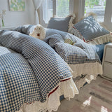 Blue Plaid Lace Ruffles Bedding Set 100% Cotton Double Layer Thread Wrinkled Yarn Duvet Cover Flat/Fitted Bed Sheet Pillowcases