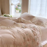 Flowers Embroidery Lace Ruffles Wedding Bedding Set Lyocell Silky Cooling Duvet Cover Set Flat/Fitted Bed Sheet Pillowcases 4Pcs