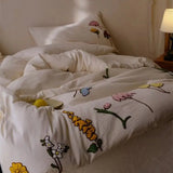 Cotton Lyocell Linen Blend 4Pcs Bedding Set Floral Towel Embroidery Duvet Cover Bed Sheet Pillowcases Home Decor