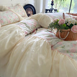 3/4Pcs Rose Flower Print Bedding Set Korean Style Luxury Princess Lace Duvet Cover Bed Skirt Pillowcase 100% Cotton Home Textile