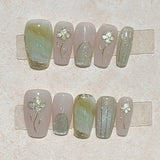 10Pcs Short Handmade Press on Nails Full Cover Flower Cat Eye Green French Ballerina False Nails Manicure Wearable Nail Tips Art
