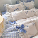 Korean Princess Style Lace Ruffles Plaid Patchwork Bow Embroidery 100% Cotton Bedding Set Duvet Covers Bed Sheet Pillowcases