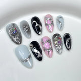10Pcs Aurora Pink Almond Handmade Press On Nails Full Cover Bowknot Design French Fake Nail Artificial Manicure Wearable Nails