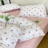 Floral Bedding Set Lace Trim Simple Fresh Elegant Flat Fitted Sheet With Pillowcases Soft Washed Cotton For Women Girl Gift