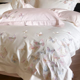 4Pcs White/Pink Luxury Butterfly Embroidery Bedding Set 1000TC Egyptian Cotton Duvet Cover Bed Sheet/Fitted Sheet Pillowcases