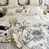 1000TC Egyptian Cotton Flowers Plant Leopard Embroidery Ruffles Bedding Set Duvet Cover Set Flat/Fitted Sheet Pillowcases 4Pcs