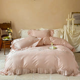 4Pcs Pink Rose Flowers Embroidery Ruffles 1000TC Egyptian Cotton Bedding Set Duvet Cover Set Bed Sheet/Fitted Sheet Pillowcases