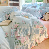 Flower Skin-friendly Washed Cotton Bedding Set Duvet Cover Set Korean Lace Ruffles Quilt Cover Soft Cover Bed Linen Pillowcases