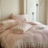 French Vintage Lace Ruffles Pure Cotton Princess Bedding Set Duvet Cover Bed Skirt Bedspread Pillowcases Queen King Size 4Pcs