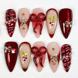 24pcs Sweet Cool French Press on Nails Gold Irregular Line Stick on Nails 3D Flower False Nails Pearl Bow Almond Fake Nail Art