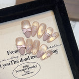 10Pcs Ballet Sweetheart False Nails Bowknot Pearl French Press on Nails Pink Almond Artificial Nail Art Handmade Lace Fake Nails