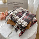 INS Girls Retro Red Grid Bedding Sets New Ruffles Lace Bed Sheet Sets Plaid Queen Size Duvet Cover Sets With Pillowcases