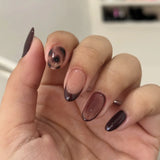 24Pcs Zebra Stripe Press on Nails Dark Brown with Gold Beads Fake Nails Almond Shape Nail Art French Style False Nails for Fall