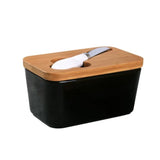 Simple Ceramic Butter Dish with Bamboo Cover Butter Knife Rectangular Sealed Jar Western Cheese Butter Box Storage Jar Tableware