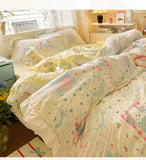 Korean Princess Style 4Pcs Floral Ruffles Bedding Set Single Queen Size Soft Skin-friendly Washed Cotton Duvet Cover Pillowcase