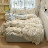 Floral print Korean style Princess Lace Bedding Set Duvet Cover Set Washed Cotton Flat Sheet set Queen For Girl Decor Home