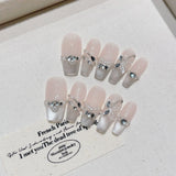 10Pcs Pink Handmade Press on Nails Butterfly Rhinestone Design Full Cover False Nails Cat Eye French Ballerina Wearable Manicure