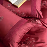 1000TC Egyptian Cotton Red Vintage Rose Print Lace Wedding Bedding Set Duvet Cover Set Flat/Fitted Bed Sheet Pillowcases 4Pcs