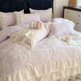 4Pcs French Vintage Princess Style Embroidered Chiffon Lace Ruffle Luxury Bedding Set Queen Size Quilt Cover 200X230