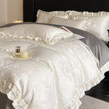 Beige Jacquard Satin Cotton Bedding Sets Luxury Lace Embroidery Duvet Cover Flat or Fitted Bed Sheet Pillowcases Home Textile
