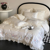 Chic Flower Embroidery Ruffles Princess Bedding Set 1000TC Egyptian Cotton Duvet Cover Flat/Fitted Bed Sheet Pillowcases 4Pcs