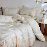 Flowers Embroidery Pleated Wide Edge Bedding Set Lyocell Soft Silky Cooling Duvet Cover Flat/Fitted Bed Sheet Pillowcases 4Pcs