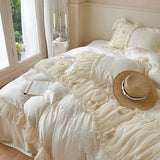 800TC Lyocell Bamboo Fiber Soft Silky Cooling Bedding Set Pink Romantic Lace Ruffles Duvet Cover Flat/Fitted Sheet Pillowcases