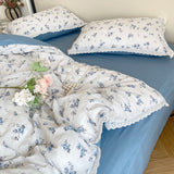 Floral Bedding Set Lace Trim Simple Fresh Elegant Flat Fitted Sheet With Pillowcases Soft Washed Cotton For Women Girl Gift