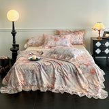 Silky Soft Cooling Summer Quilt Set Flat sheet 2 Pillowcases for Hot Sleepers Flowers printed Lace Blanket 200x230cm Queen Size