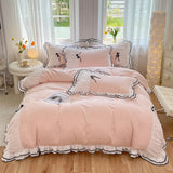 3/4Pcs Bedding Set Princess-Style Purple Bow Double-Layer Ruffles Duvet Cover Pillowcase Full-Size Queen Bed Sheet Set For Home