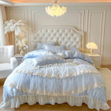 4/6Pcs Pink Butterfly Jacquard Three-layer Lace Ruffles Princess Wedding Bedding Set Duvet Cover Bed Skirt Bedspread Pillowcases