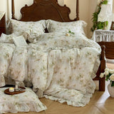 Vintage Oil Painting Style Flowers Ruffles Bedding Set Double Layer Yarn 100% Cotton Duvet Cover Flat/Fitted Sheet Pillowcases