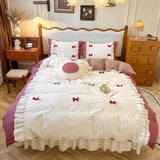 100% Cotton Korean Princess Style Bow Plaid Lace Ruffles Patchwork Bedding Set Duvet Cover Set Bed Skirt Bedspread Pillowcases